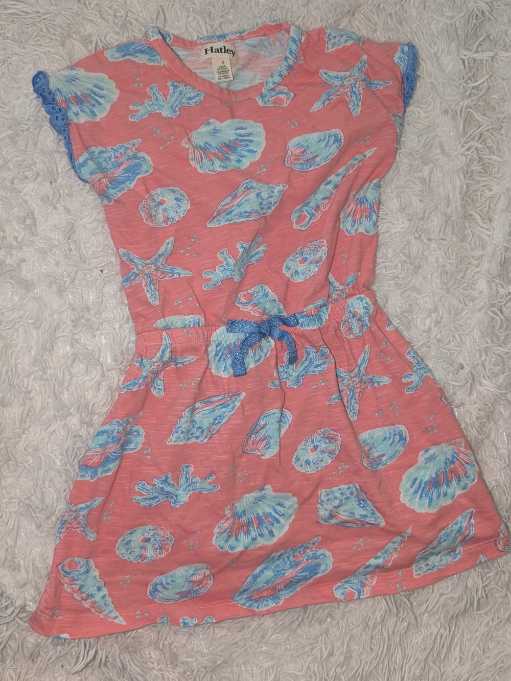 Hatley Girls 3T Pink Blue White Shell Print Knit Cotton Cap Sleeve Dress